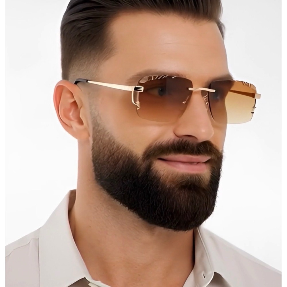 Brown Lens Fashion Glasses Gafas New Men‎ Vintage Rimless Sunglasses Gold Frame